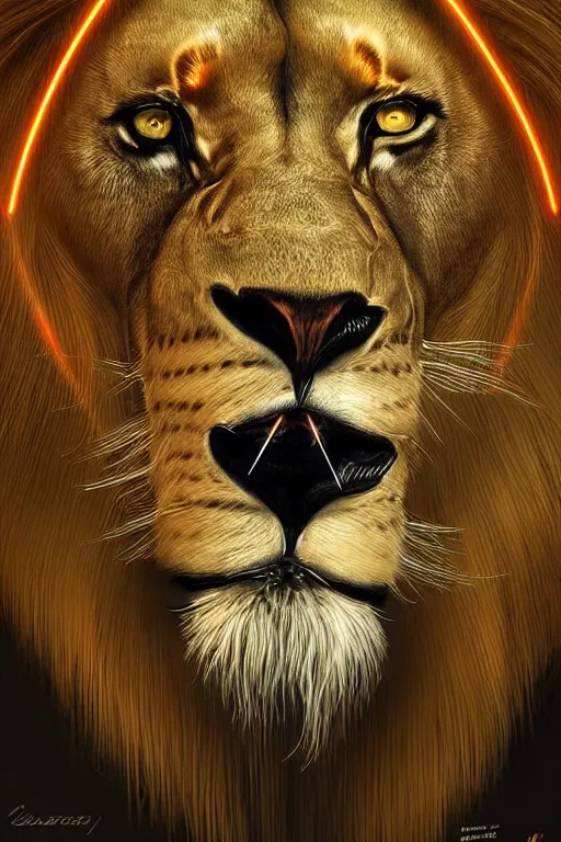 Image similar to portrait of anthro lion portrait, intricate, elegant, cyber neon lights, highly detailed, digital illustration, trending in artstation, trending in pinterest, glamor pose, concept art, smooth, sharp focus, art by artgerm and greg rutkowski