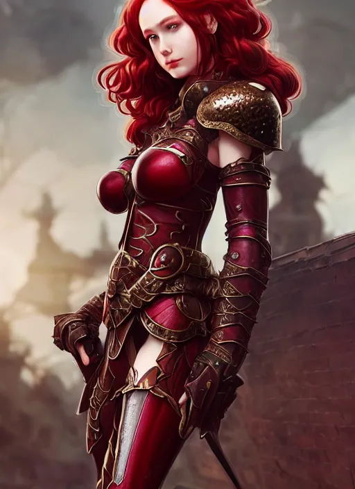 Image similar to leather armor!!! beautiful and elegant curly red hair female elf!! gorgeous ayes!! character concept art, sharp focus, octane render! unreal engine 5! highly rendered!! trending on artstation!! detailed linework!! illustration by artgerm, wlop, and chie yoshii