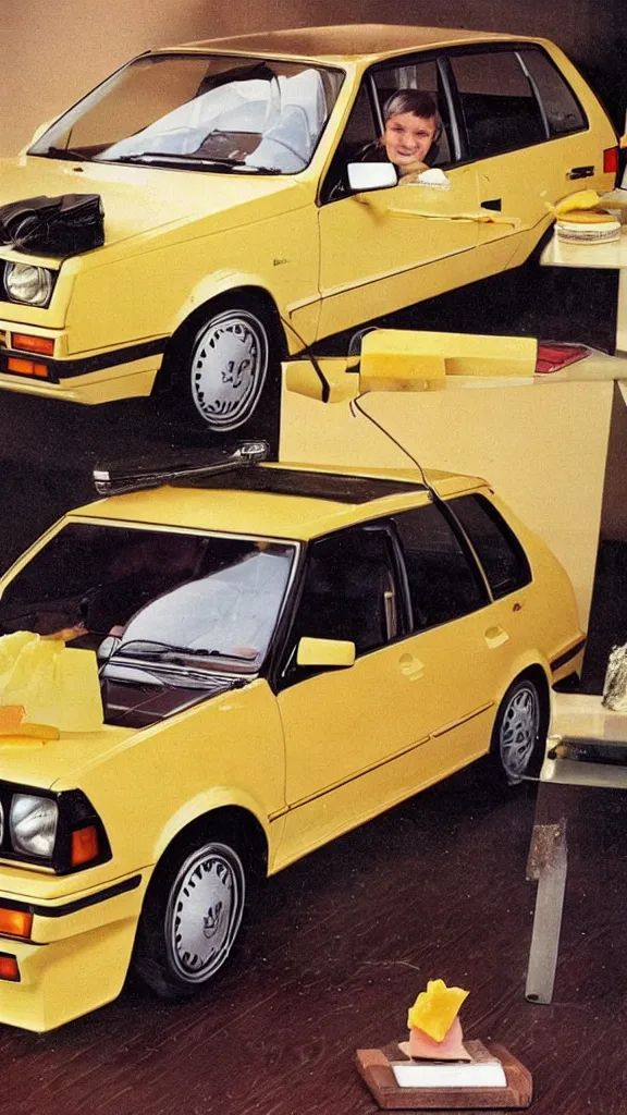 Prompt: 1 9 8 0 s vw golf made out of ham and cheese