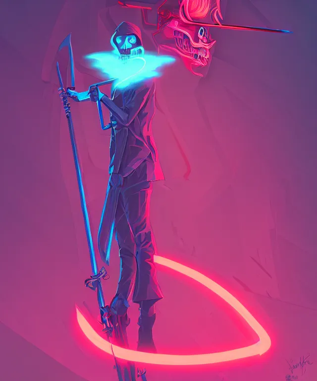 Prompt: a portrait of a neon grim reaper holding a scythe, fantasy, elegant, digital painting, artstation, concept art, matte, sharp focus, illustration, art by josan gonzalez
