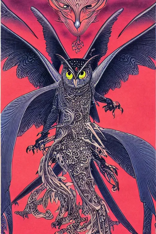 Prompt: illustration of a fire breathing owl in a suit, intricate linework, in the style of moebius, ayami kojima, 1 9 9 0's anime, retro fantasy