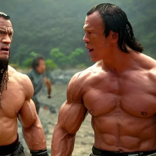 Prompt: Samurai John Cena vs samurai the rock, fight scene , a film still
