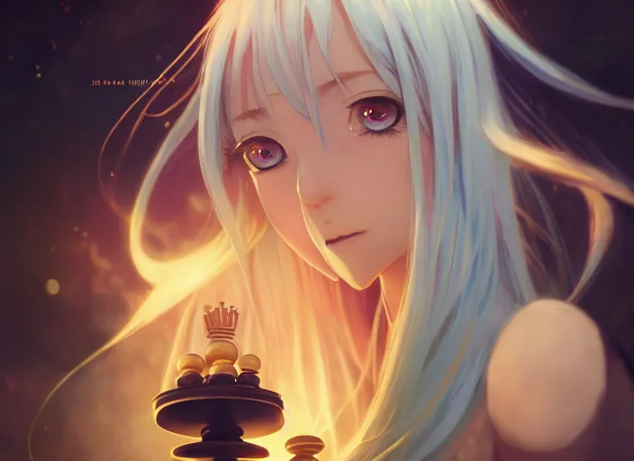 Image similar to beautiful rimuru playing chess, with amber eyes of golden colored eyes, straight hair, sky blue hair, long bangs, high collar, concept art, award winning photography, digital painting, cinematic, by wlop, anime key visual, wlop, 8 k, by ross tran, tom bagshaw, andy warhol