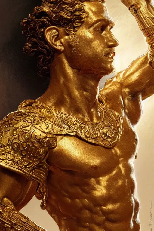 Image similar to ultra realistic illustration, a golden statue of a herculean glenn howerton as the god apollo, intricate, elegant, highly detailed, digital painting, artstation, concept art, smooth, sharp focus, illustration, art by artgerm and greg rutkowski and alphonse mucha