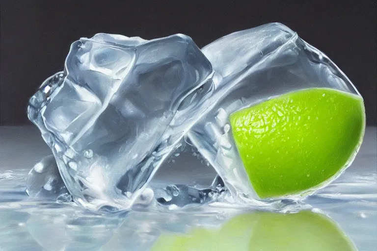 Prompt: award winning ultra - realistic!!! oil painting of an ice cube starting to melt next to a lime wedge!!!!, black!!! background