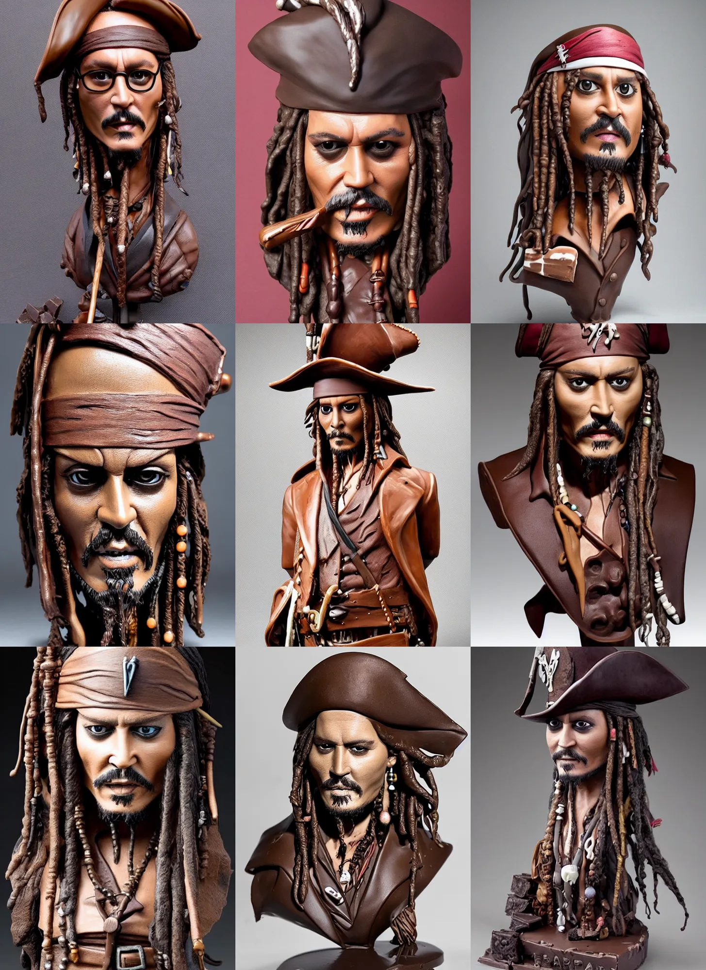 Prompt: chocolate! sculpture of johnny depp as captain jack sparrow, chocolate art, fully chocolate, studio lighting