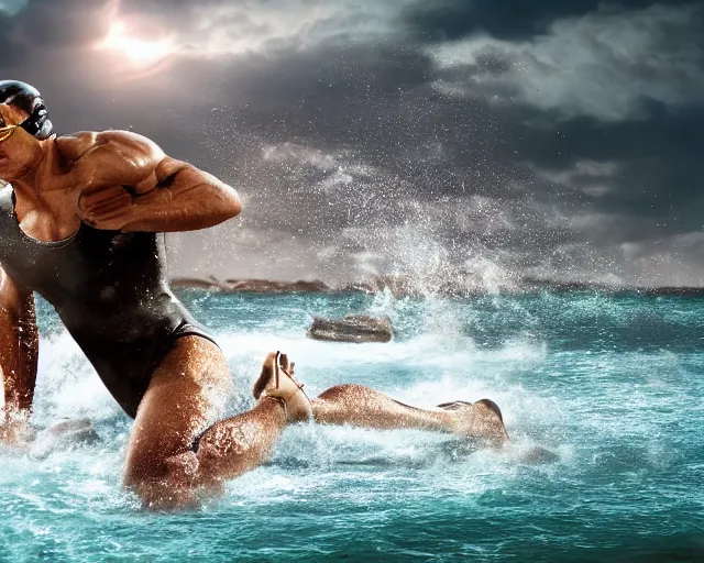 Image similar to single spartan swimming using bodyboard on australian beach, epic award winning action cinematic still from the movie 3 0 0, 8 k, global illumination, detailed face, muscles, rim highlights, hyper realistic, stunning waves, happy vibes