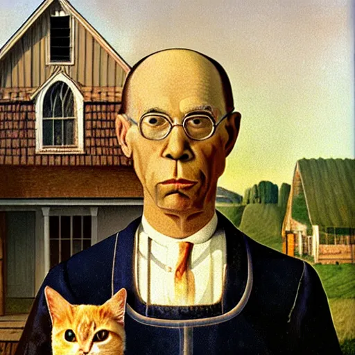 Prompt: fat orange tabby cat, man with afro in american gothic by grant wood