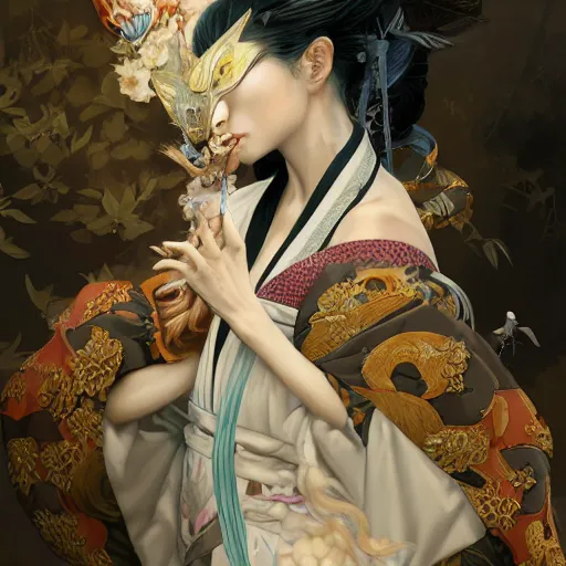 Image similar to a photorealistic dramatic fantasy render of a beautiful woman wearing a beautiful intricately detailed japanese rabbit kitsune mask and clasical japanese kimono by wlop, artgerm, greg rutkowski, alphonse mucha, beautiful dynamic dramatic dark moody lighting, shadows, cinematic atmosphere, artstation, concept design art, octane render, 8 k