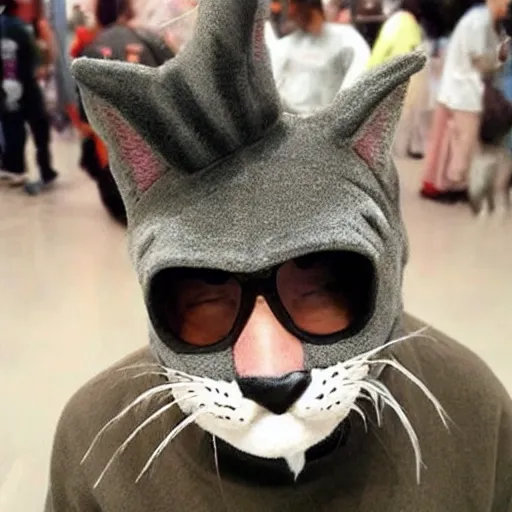Image similar to an old man wear a cat costum, cosplay