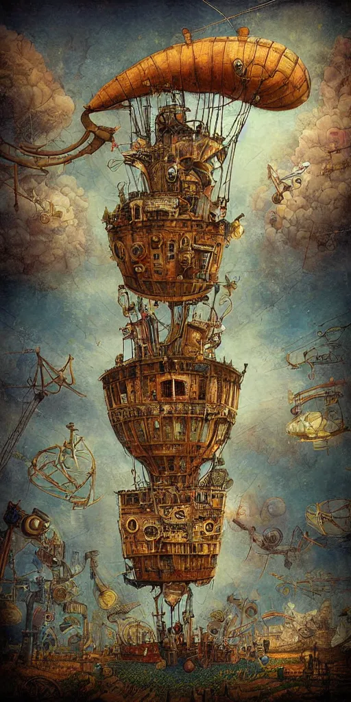 Prompt: a detailed digital painting of a steampunk living airship by alexander jansson and where's waldo and leonardo da vinci