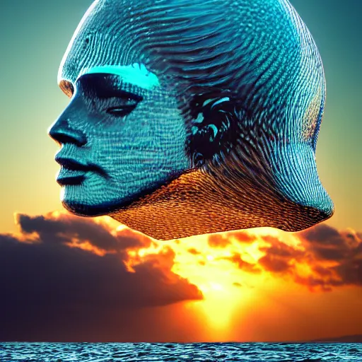 Image similar to a giant aqua sculpture of a human head on the ocean water, cinematic, in the style of chad knight, long shot, hyper detailed, hyper realistic, ray tracing, 8 k resolution, sharp focus, realistic water, award winning