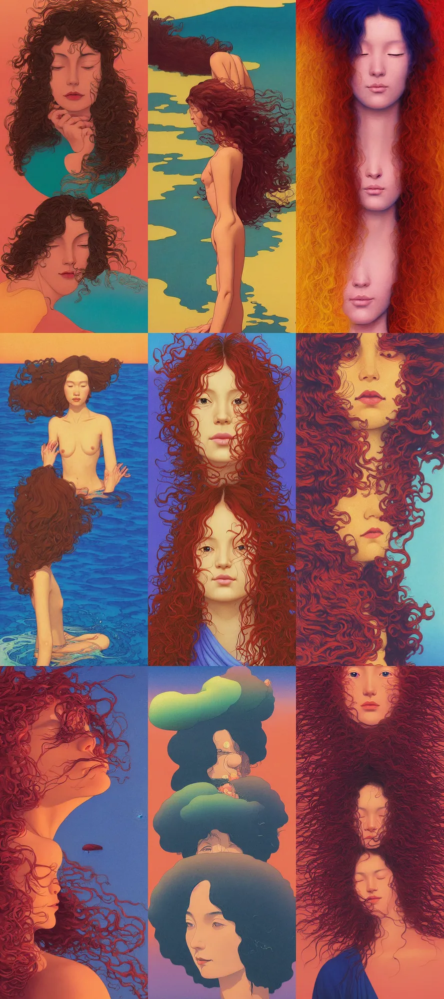 Prompt: a colorful vibrant closeup portrait of a simple caucasian woman with curly mid length brown hair with a calm afraid aesthetic face in water and dreaming psychedelic hair, by kawase hasui, moebius, edward hopper and james gilleard, zdzislaw beksinski, steven outram colorful flat surreal design, hd, 8 k, artstation