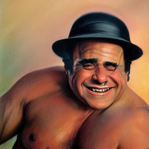 Image similar to portrait of the face of danny devito smiling sly intricate detailed by boris vallejo