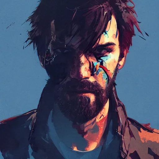 Image similar to portrait of pewdiepie with an angry expression, blood covering his face, wearing a leather jacket, dramatic lighting, illustration by Greg rutkowski, yoji shinkawa, 4k, digital art, concept art, trending on artstation