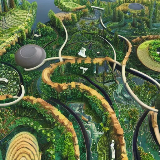 Prompt: highly detailed civilization in symbiosis with nature and technology in harmony