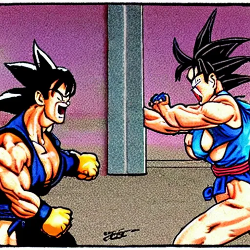 Prompt: chun li fighting goku in street fighter v by gary larson