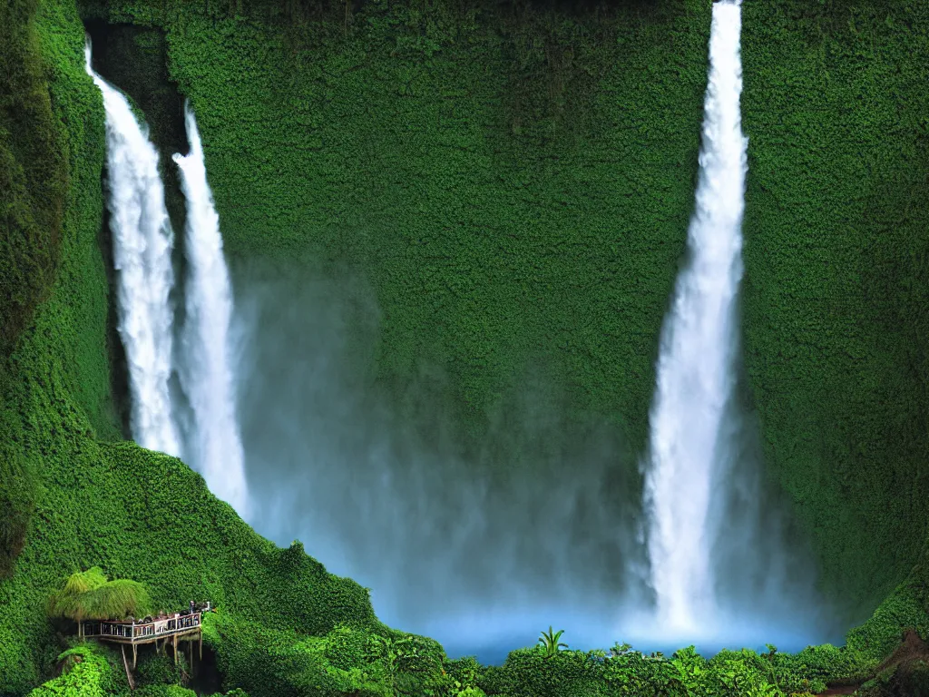 Image similar to akaka falls, maui, view from ground by daniel f. gerhartz and matt stewart, fantasy, photorealistic, octane render, unreal engine, dynamic lighting, perfect, trending on artstation, poster, volumetric lighting, cinematic lighting, hyper realism, high detail, intricate, 4 k, masterpiece