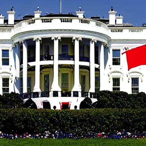 Prompt: photo of red flag waving over White House