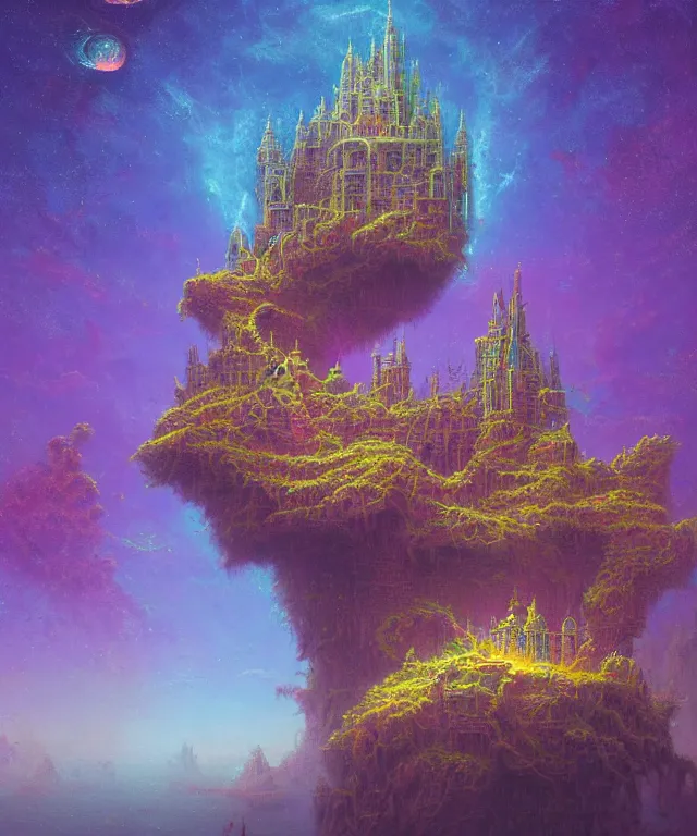 Prompt: an ultra detailed maximalist concept digital art painting of a singular floating island castle, levitating across space in a misty pearlescent nebula by paul lehr kazumasa uchio situated in a starry expanse of bioluminescent cosmic worlds by lee madgwick, beksinski and beeple, ecological art, flying citadel with towers, trending on artstation