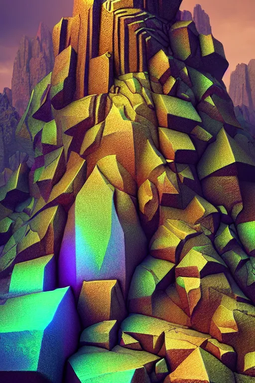 Image similar to concept art of totally fractal bismuth rock giant golem : : patterns rainbow fractalization : : extremely high details, masterpiece, photorealistic, hyperrealism, vray, octane render, volumetric lighting, depth of field, bokeh, artstation, cgsociety by johannen voss, greg broadmore