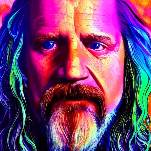 Image similar to a colorful closeup portrait of the dude from the big lebowski. he holds all the wisdom of the world in his eyes. dreamy vibes floating head and dreaming psychedelic hair. halo behind his head. trending on artstation. intricate detail. hyperrealistic 8 k. flat design