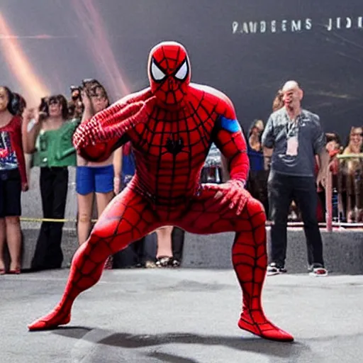 Image similar to dwayne johnson entrances wearing spiderman costumes