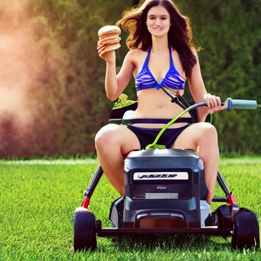 Image similar to a beautiful model in a bikini riding a lawnmower and eating a hamburger