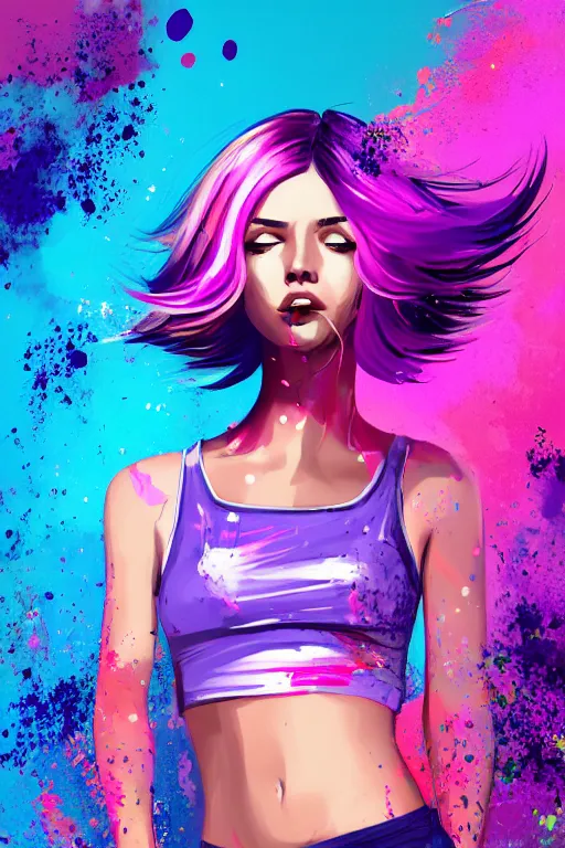 Image similar to a award winning half body porttrait of a beautiful woman in a croptop and cargo pants with ombre purple pink teal hairstyle with head in motion and hair flying, paint splashes, splatter, outrun, vaporware, shaded flat illustration, digital art, trending on artstation, highly detailed, fine detail, intricate