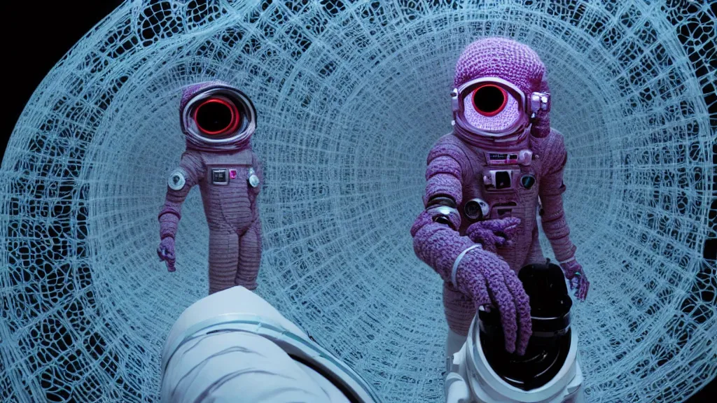 Image similar to a cybernetic symbiosis of a single astronaut eva suit made of wearing knitted yarn thread infected with diamond 3d fractal lace iridescent bubble 3d skin covered with insectoid compound eye camera lenses floats through the living room, film still from the movie directed by Denis Villeneuve with art direction by Salvador Dalí, wide lens,