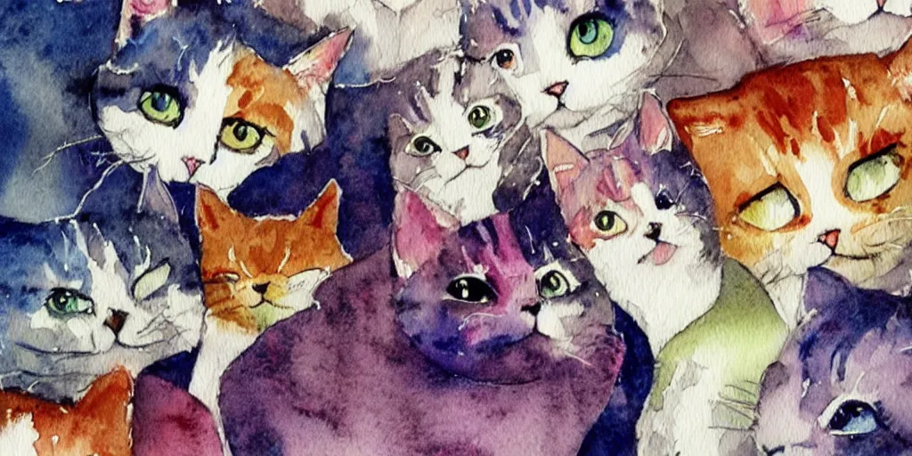 Prompt: watercolor illustration style, cute! cats!!! watch news