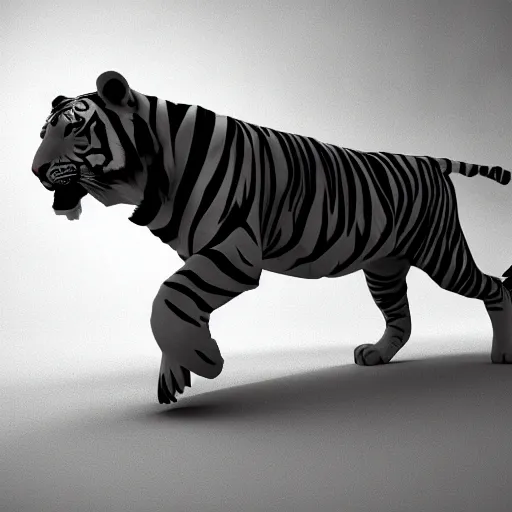 Prompt: a low - poly render of a white tiger in a dynamic action pose dwelling in the spirit realm, low poly 3 d, octane render, dramatic dreamlike lighting