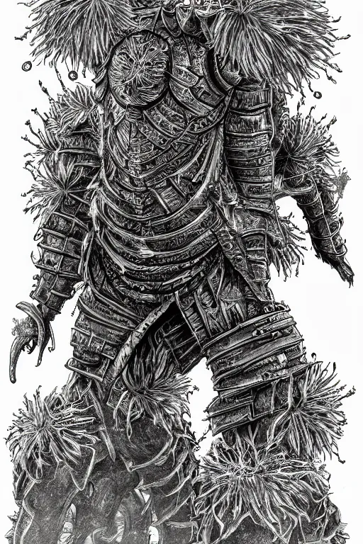 Image similar to armoured warrior dandelion monster, symmetrical, highly detailed, digital art, dandelion themed armour, sharp focus, trending on art station, kentaro miura manga art style