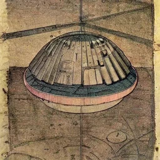 Image similar to vintage, detailed, colored sketch of ufo construction, all parts, with full descriptions, on parchment, by leonardo davinci!