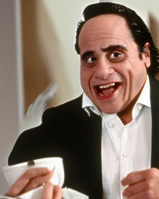 Image similar to danny devito as patrick bateman in american psycho, slicked back hair