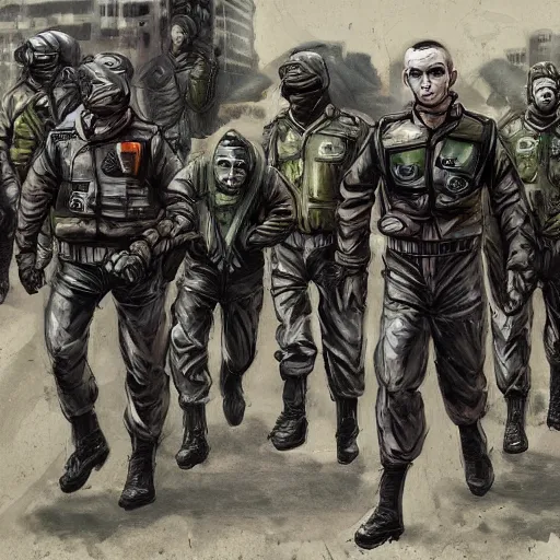 Image similar to military android leading a group of captured humans to a detention center, dystopian nightmares, grungy, photorealistic, highly detailed