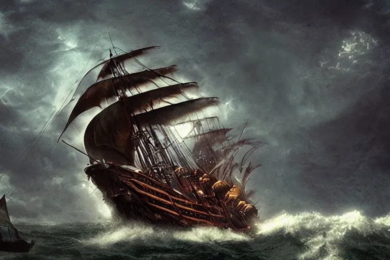 Image similar to epic pirate ship in a storm, cthulhu rises from the sea, cthulhu, cthulhu!!! in the style of vernon grant and chris van allsburg, trending on artstation, bright tilt - shift camcorder effect, photoshop, retrowave, hyperrealism,