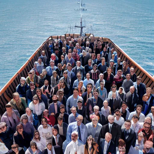 Image similar to photograph of a ship full of math professors, wide shot, sunny day, soft focus