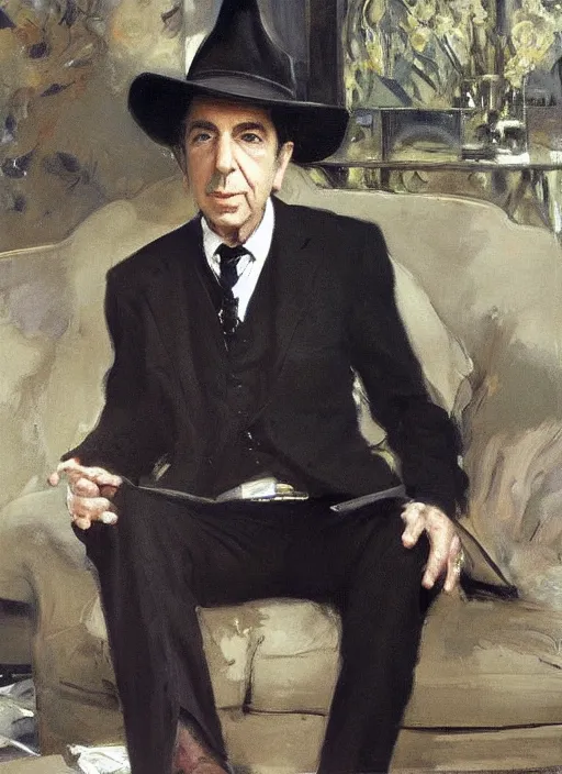 Image similar to Leonard Cohen, wearing a trilby hat, portrait by John Singer Sargent, by Frank McCarthy, by Robert McGinnis