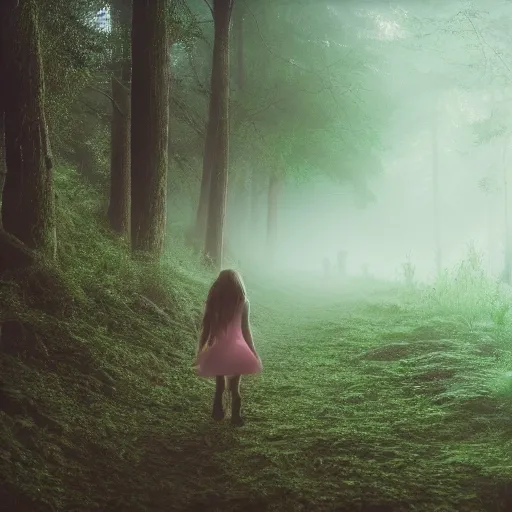 Prompt: full body shot of a young fantastical nymph walking out of a small forest lake, cinematic light, volumetric fog, 24mm,