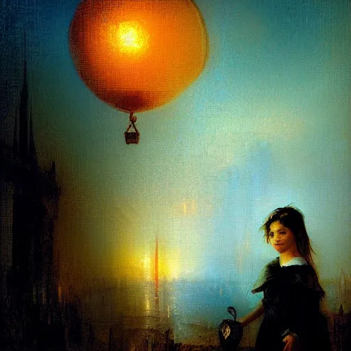 Image similar to digital art cyberpunk cityscape nighttime silhouette of young girl holding balloon in the foreground painted by turner 1860