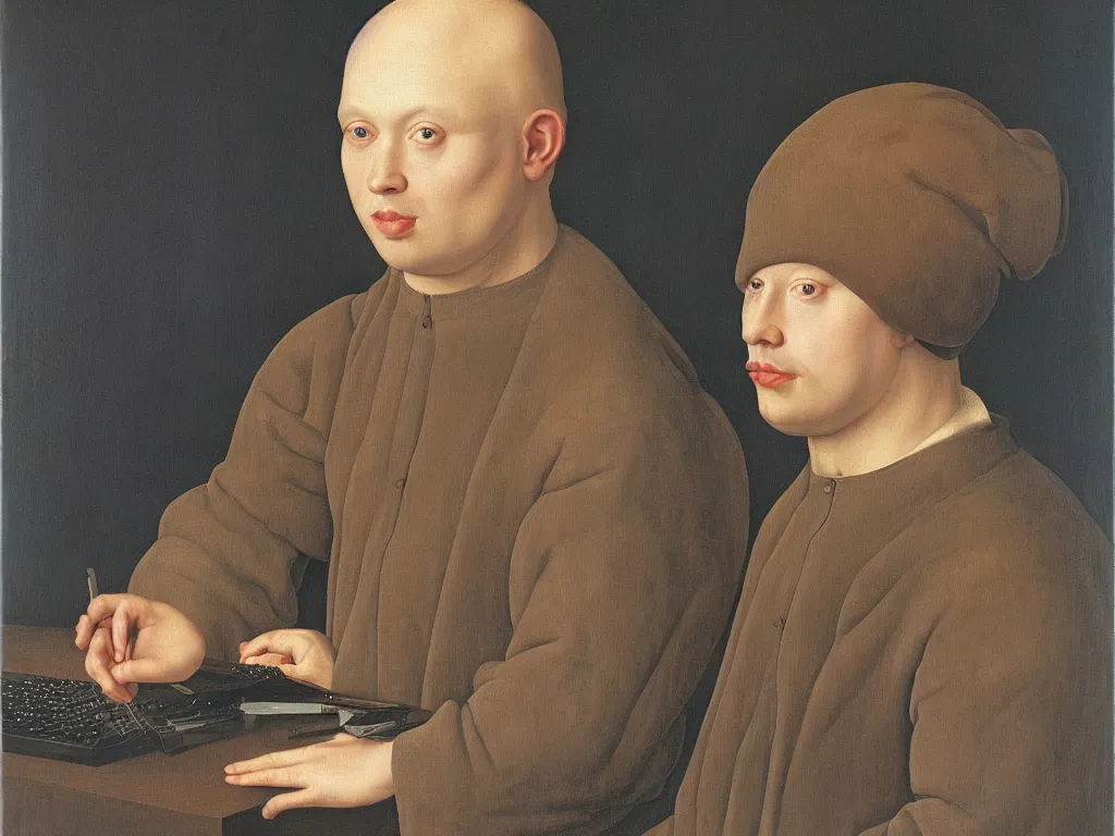 Prompt: portrait of a young, thick glassed, bald, Silicon Valley programmer. Painting by Jan van Eyck, August Sander.