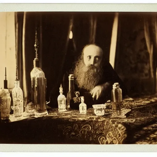 Image similar to Ivan the Terrible in his palace in Moscow and his kitten collection in bottles, wide angle, high detail, Polaroid , old photo width 768