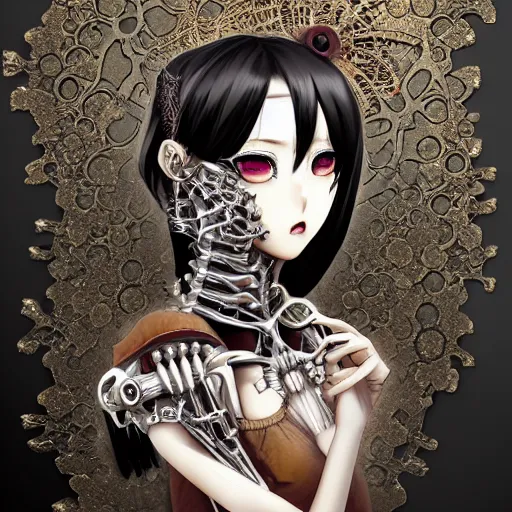 Image similar to surreal manga anime photo portrait of complex bio-mechanical beautiful young female skeletal cyborg with a Mandelbrot fractal steampunk metal fine lace face, retrofuturistic depressing, floral foliage super big lace collar, rococo, steampunk, 8k