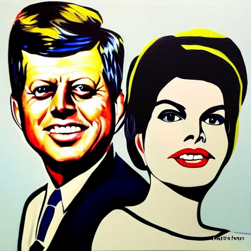 Prompt: oil painting of john f kennedy and lisa rinna in the style of roy lichtenstein