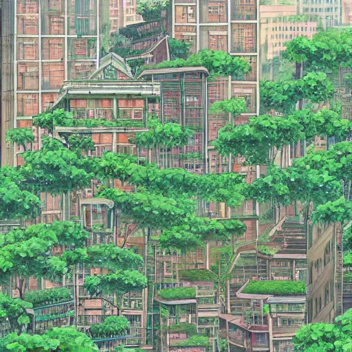 Image similar to a sprawling city landscape in an abandoned east asian country, highrise buildings, vines and weeds growing from the balconies, plants sprouting from the concrete, intricate, elegant, smooth, sharp focus, illustration, art by Studio Ghibli
