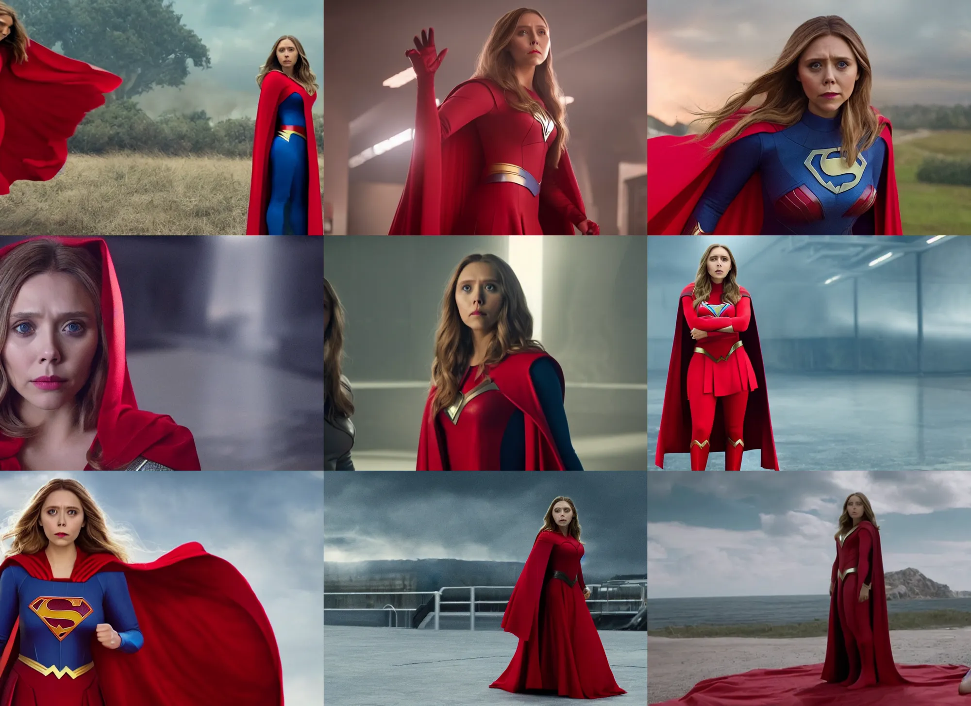 Prompt: film still of elizabeth olsen as superheroine in the new superwoman movie, red cape, red skirt, 8 k