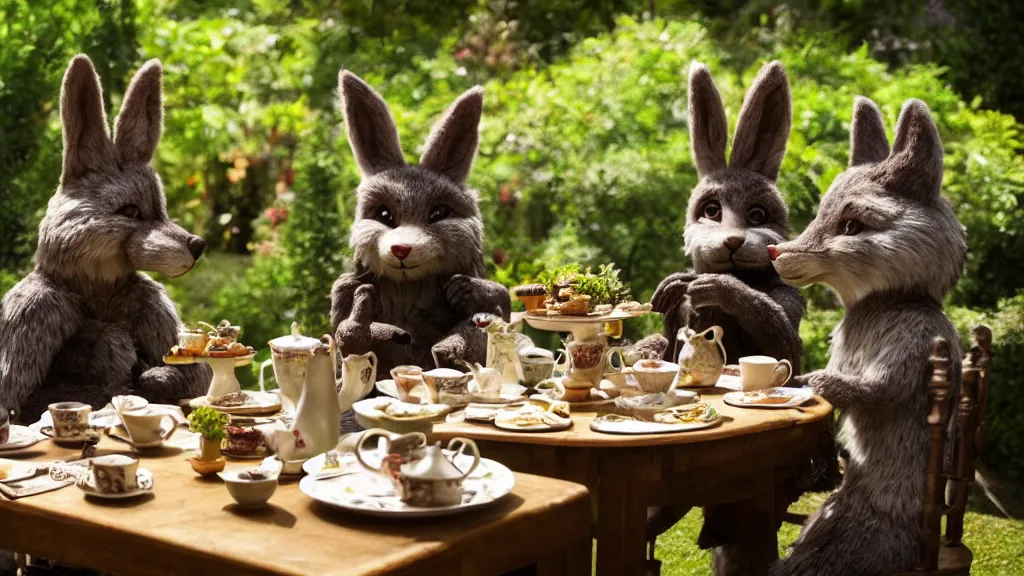 Prompt: film still from the movie chappie outdoor park plants garden scene bokeh depth of field several figures sitting down at a table having a delicious grand victorian tea party crumpets furry anthro anthropomorphic stylized cat ears wolf muzzle head fox fur rabbit bunny