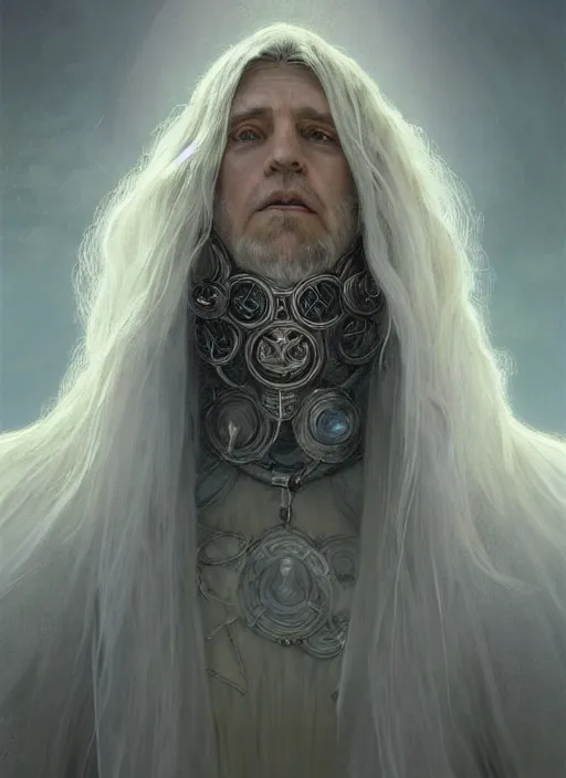 Image similar to Portrait of Prime Minister Scott Morrison, silver shaggy hair, cloak, ethereal wings, fantasy, extremely detailed, digital painting, artstation, concept art, smooth, sharp focus, illustration, stunning lighting, art by artgerm and greg rutkowski and alphonse mucha and simon stalenhag, realistic character concept, high fantasy, light atmosphere, golden ratio, cinematic lighting, hyperdetailed, high resolution, insanely detailed and intricate, artstation, Marc Simonetti, Greg Rutkowski, 8k