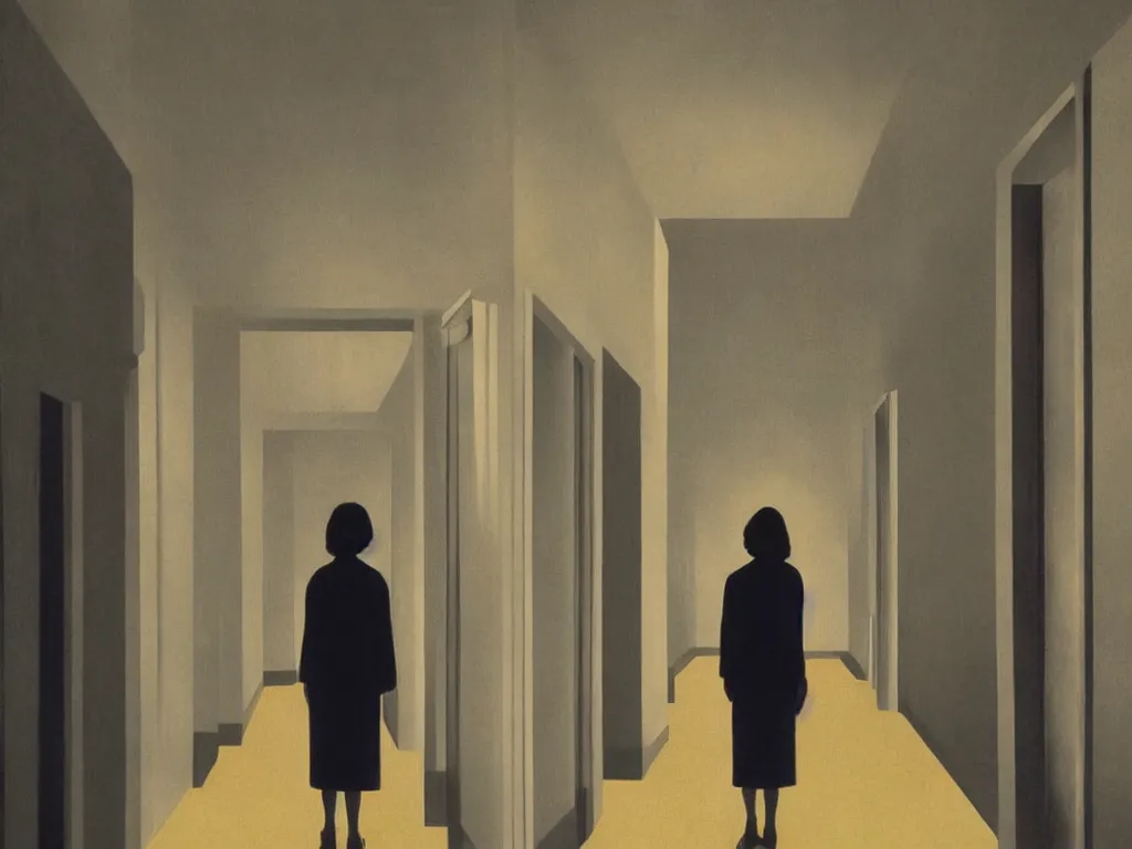 Prompt: the shinning hotel hallway, 70s, americana vibrant colors, dim, dark, lone girl waiting, cinematic, ultra view angle view, realistic detailed painting by René Magritte